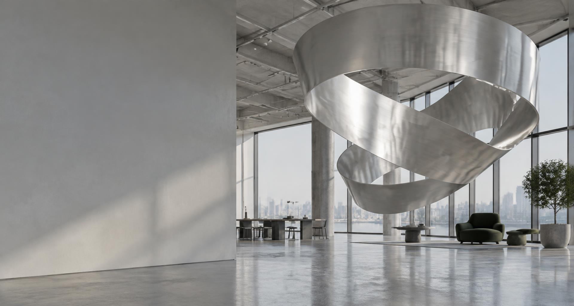 Sculptural silver ribbon in a light-filled contemporary studio